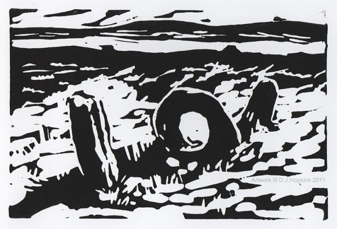 MEN-AN-TOL, Penrith, Cornwall<br />Linoprint /<br /> 15 x 21 cm / 2011