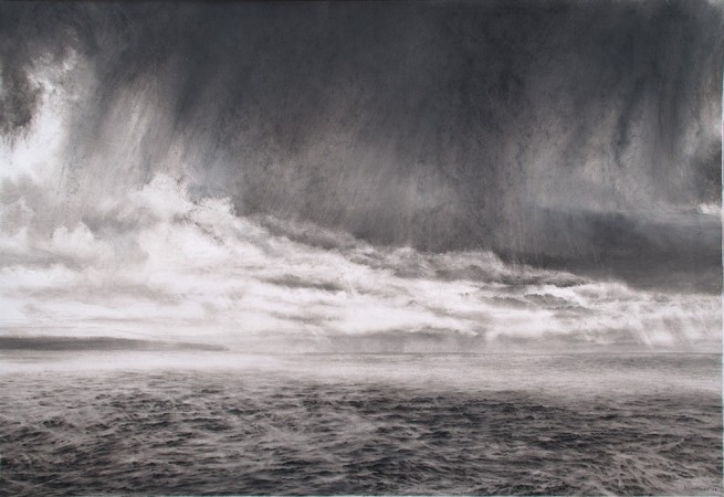 SEA: HEADLAND, RAIN CLOUDS<br />Charcoal on paper /<br />60 x 83 cm / 03-04.2017<br />Sold