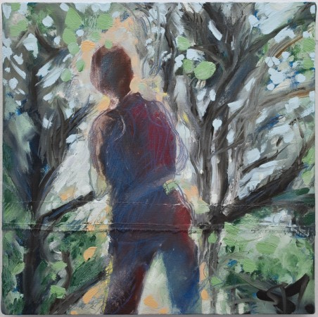 A PERSON WITH A VISIBLE AURA STANDS IN THE WOODS<br />Oil on canvas /<br />40 x 40 x 4 cm /2011